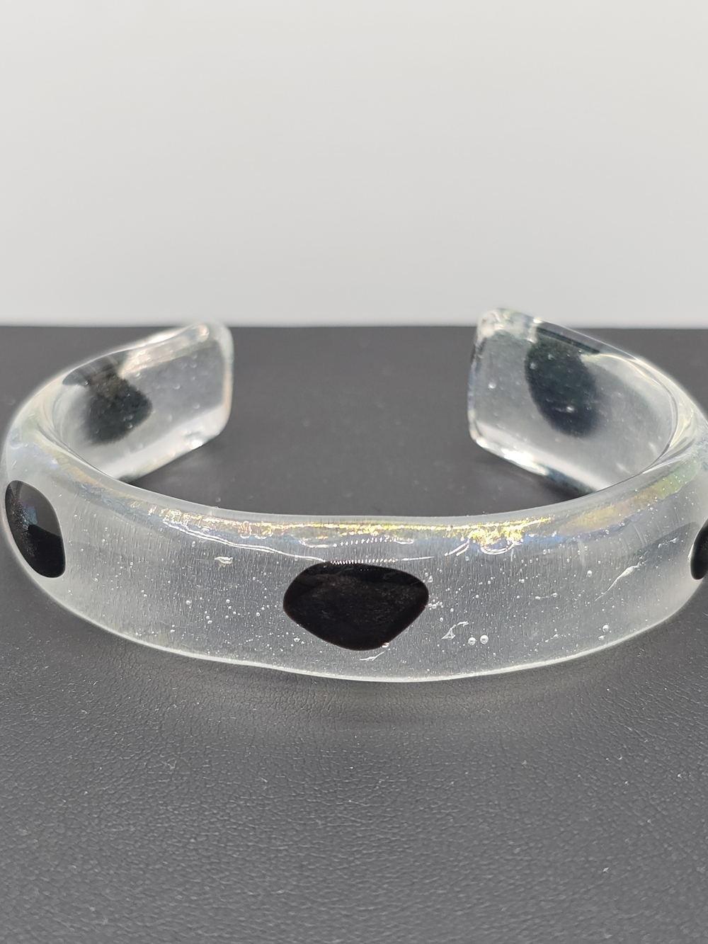 Iridescent Clear Art Glass Cuff Bracelet With Black Iridescent Inclusions 6"